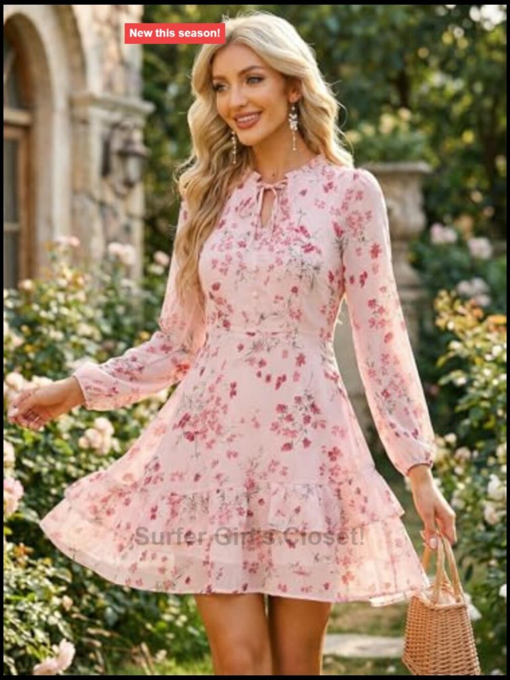 Allegra K Floral Chiffon Tiered Mini Dress V-Neck Puff Sleeve Ruffle Hem - Picture 4 of 7